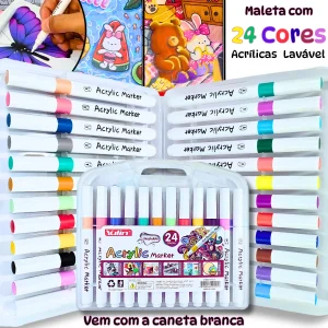 Kit 24 Canetas Marcador Acrílico Permanente Colorida Brush 24 Cores