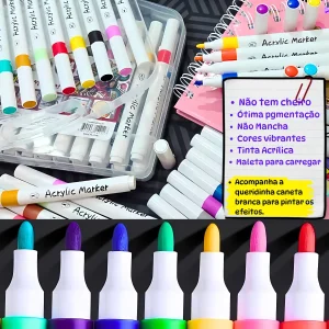Kit 24 Canetas Marcador Acrílico Permanente Colorida Brush 24 Cores